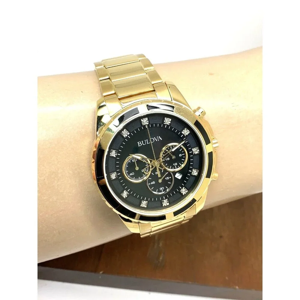 Bulova Men's Watch 97D121 Chronograph Gold Tone Stainless Steel Diamond Dial